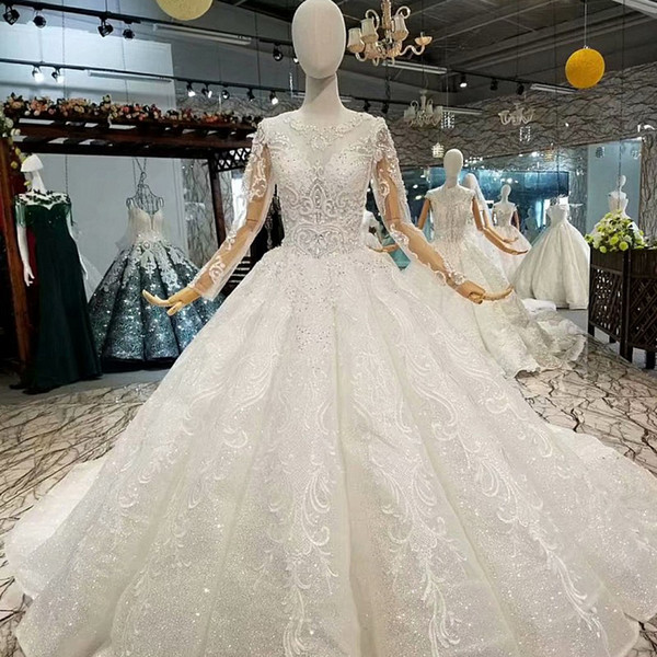 Long Tulle Sleeves Wedding Gown With Sequins O-Neck Bridal Wedding Dressing Gown 2022Latest Fashion Design Accept Customization