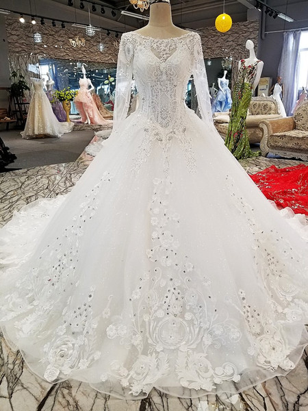 V Back Wedding Dresses Long Tulle Sleeves Ivory 3D Lace Flower Lace Up Back Wedding Gowns With Long Train China Factory Wholesale