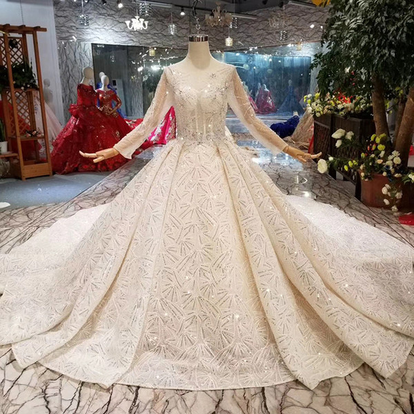 Luxury Hand Working Wedding Dress Royal Train O-Neck Illusion Long Sleeve Shiny Beaded Bride Dress Wedding Gown 2022New Fashion Design