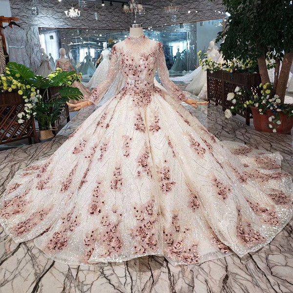 2022Saudi Arabia High Wedding Dresses Long Tulle Sleeve Lace Up Back Exquisite 3D Floral Applique Shining Sequins Garden Bridal Gowns