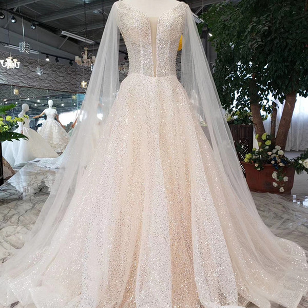 2022Bohemian Long Sheer Shawl Wedding Dress Backless Lace Up Back Shining Sequins Crystal Illusion Deep V Neck Sleeveless Beach Bridal Gown