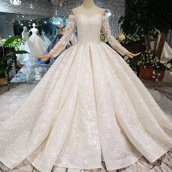 2022Newest Long Sheer Sleeve Wedding Dresses Sweetheart Neck Lace Up Back Shoulder Off Exquisite Applique Long Veil Garden Wedding Gowns