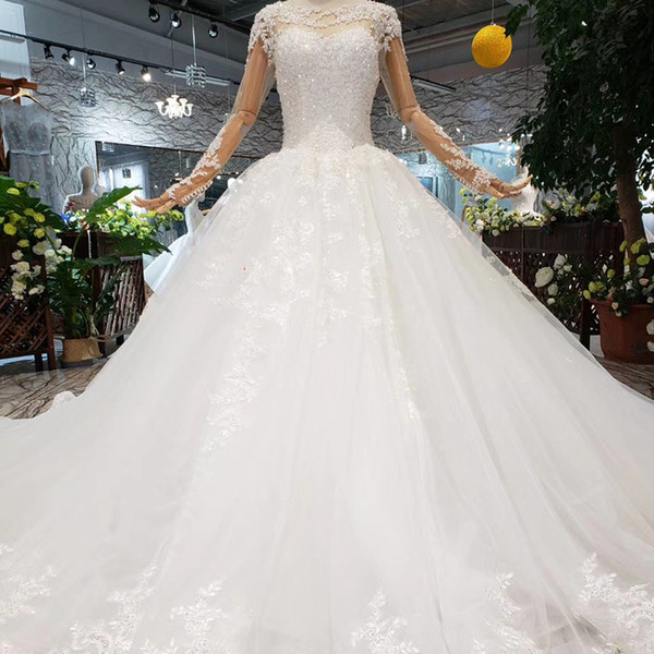 2022Newest 3D Floral Applique Wedding Dresses Long Sheer Illusion Neckline Exquisite Hand Made Flower Covered Button Garden Bridal Gowns