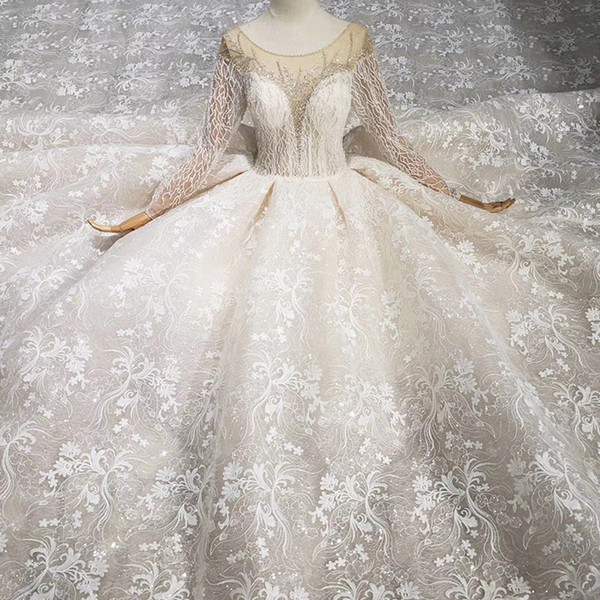 2022Newest Design Lebanon Wedding Dresses Long Tulle Sleeve Illusion O Neck Beaded Wedding Gowns Open Keyhole Back Garden Bridal Gowns