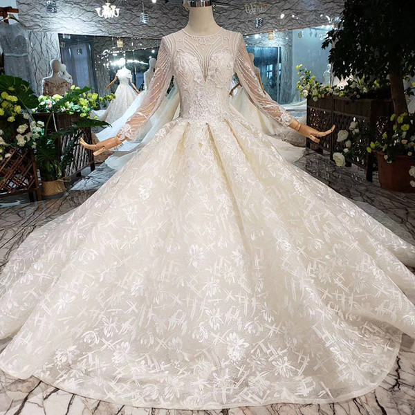 2022Newest Melbourne Style Wedding Dresses Long Tulle Sleeve Illusion Neck Wedding Gowns Open Keyhole Back Exquisite Applique Bridal Gowns