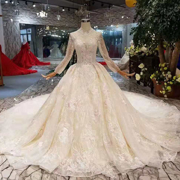 2022Newest Design Royal Shiny Wedding Dresses High Quality High Neck Long Sleeves Pure New Wedding Gowns With Train Honorable Bride Dress