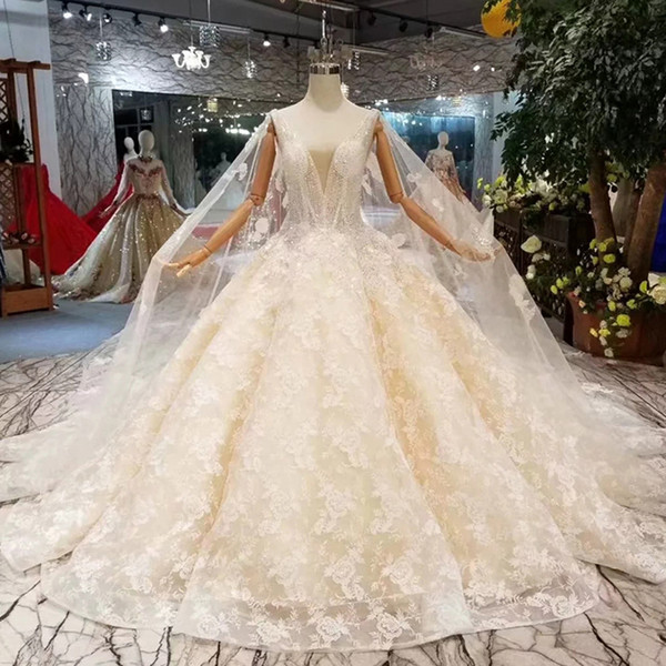 Luxury Sleeveless Wedding Dresses Long Tulle Cape Big V Neck Light Champagne Wedding Gown With Long Train 2022Newest Hot Seller List