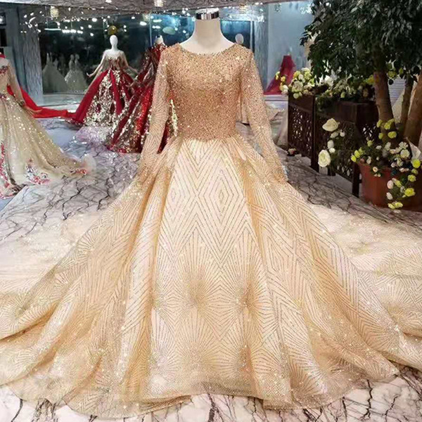 Golden Luxury Wedding Gowns With Shiny Lace Long Sleeves Lace Up Back Muslim Wedding Dresses From Real Factory Free Shipping Bridal Gown