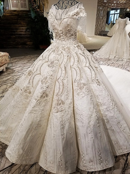 Wedding Dress Super Puffy Ball Gown Luxury Tassel Crystal Sleeves Super Big Skirt Beading Appliques Real Pictures Show