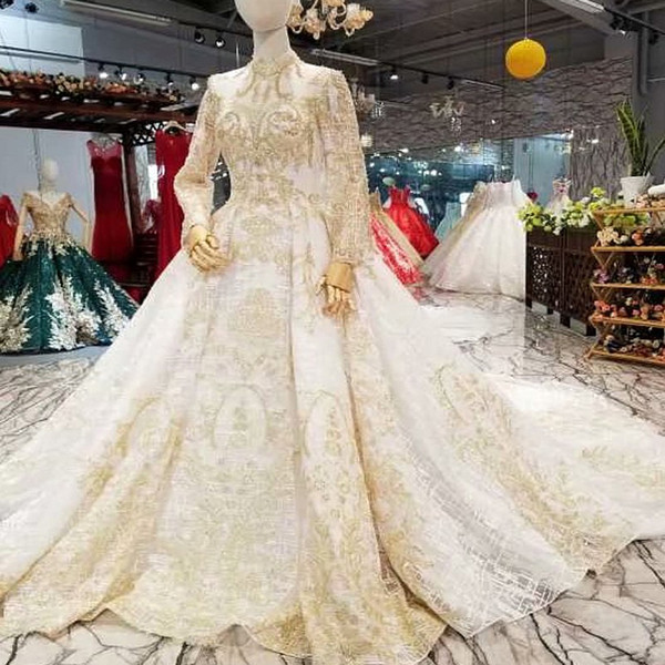 Luxury Dubai Wedding Dresses Gold Lace Applique High Neck Long Sleeve Transparent Back Bride Gown For Wedding Party Real Price