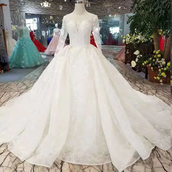 2022Pure New Wedding Gowns Bridal Gowns Like White O-Neck Long Sleeves Lace Up Back Muslim Wedding Dresses From Real Factory High Quality