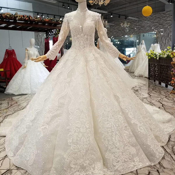 2022Latest Lebanon Wedding Dresses Long Tulle Sleeve Tassel High Neck Hand Made 3D Floral Applique Crystal Garden Swollen Bridal Gowns