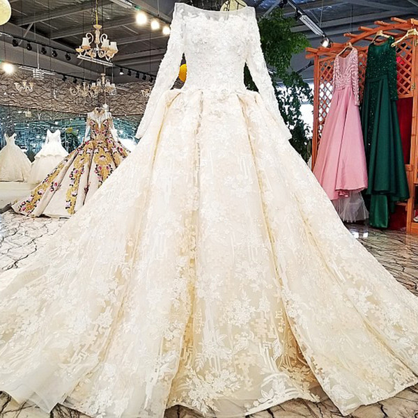 2022Lebanon Long Tulle Sleeve Wedding Dresses Illusion Bateau Neck Backless Lace Up Back 3D Floral Applique Crystal Pattern Bridal Gowns