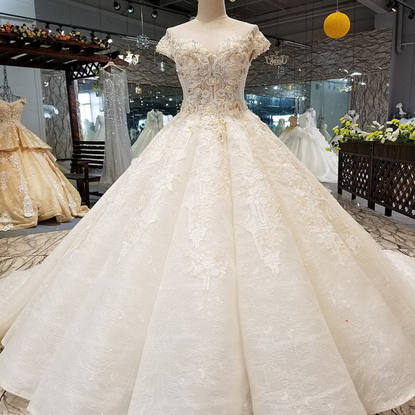 Ball Gown Wedding Gown 2022O Neck Short Sleeve See-Through Open Back Champagne Wedding Dress Curve Shape Ball Skirt