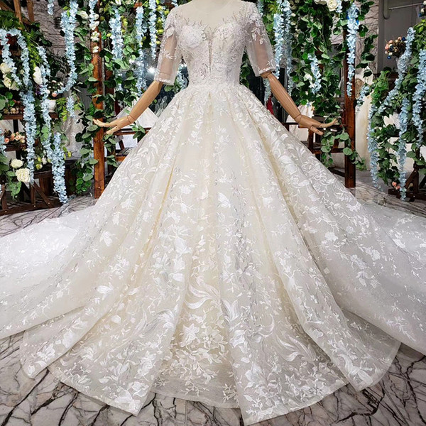 2022Latest Design Wedding Dresses Half Tulle Sleeve Open Keyhole Lace Up Back Illusion Deep Neck Sequins 3D Pattern Applique Wedding Gowns