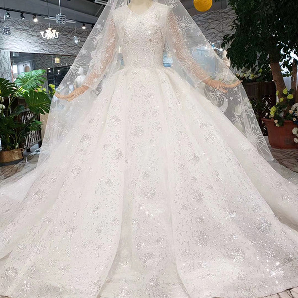 2022Long Lace Veil Wedding Dresses Long Tulle Sleeve V Neck Lace Up Back Shining Crystal Sequins Pattern 200cm Train Bridal Gowns 2019