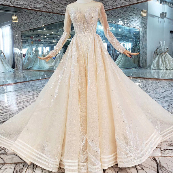 2022Detachable Count Train Wedding Dresses Mermaid Long Tulle Sleeve Illusion V Neck Backless Shining Sequins Applique Latest Wedding Gowns