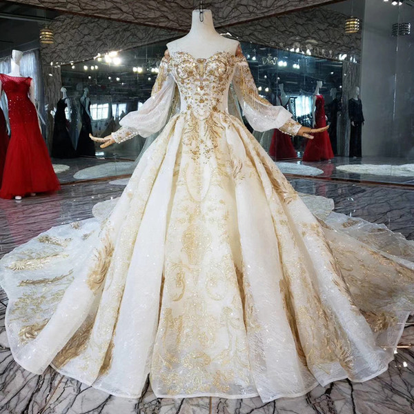 2022Latest Design Luxury Wedding Dresses Detachable Long Train Sweetheart Neck Tulle Tassel Sleeve Backless Gold Sequins Wedding Gowns