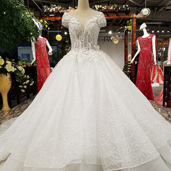 2022Luxury Lebanon Wedding Dresses Illusion V Neck Tassel Short Sleeve Lace Up Black Overskirts Hand Made 3D Floral Applique Bridal Gowns