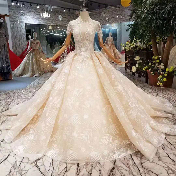 2022Newest Luxury Lace Wedding Dresses Champagne Elegant High Neck Crystal Short Sleeves Ball Gown Wedding Gowns With Long Train For Queens