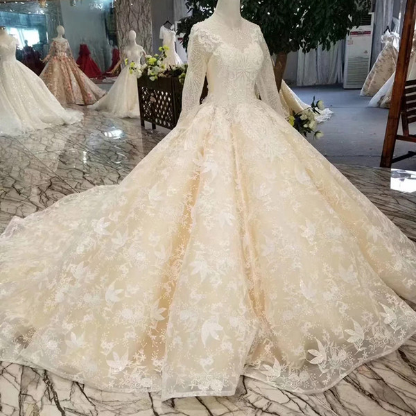 2022Newest Lace Ball Gown Wedding Dress Champagne O-Neck Long Tulle Sleeves Appliques Muslim Wedding Gown With Train Drop Shipping Croatia