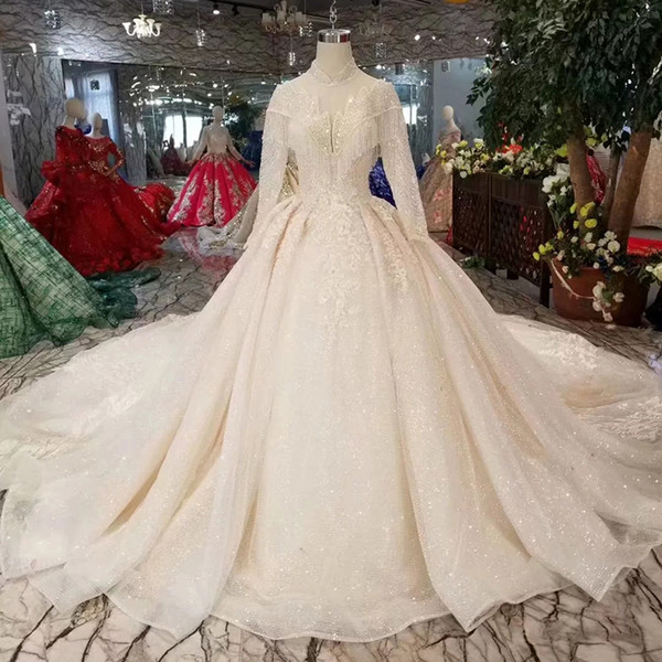 Muslim Tassel Wedding Dresses Pure New High Neck Long Tulle Sleeve Beaded Wedding Gown With Long Train 2022New Fashion Design Dubai