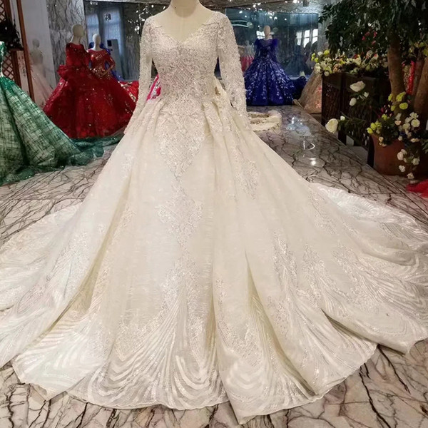 High Quality Wedding Dress Royal Long Train V-Neck Long Sleeve Shiny Luxury Beaded Applique Bride Dress Wedding Gown 2022New Fashion Design