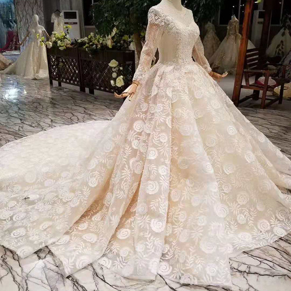 Ball Gown Lace Wedding Dress O-Neck Long Tulle Sleeves Lace Up Back Luxury 2022Newest Garden Wedding Gown With Long Train Real Factory