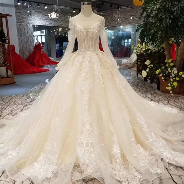 Luxury Elegant Champagne Wedding Dress Long Train O-Neck Long Sleeves Lace Up Back Wedding Gowns 2022New Design Shining Bridal Gown