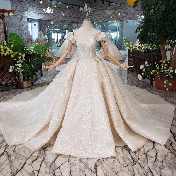 2022Lebanon Bow Short Sleeve Wedding Dresses Lace Up Back Sweetheart Neck Long Tulle Veil Shining Crystal Sequins Garden Bridal Gowns