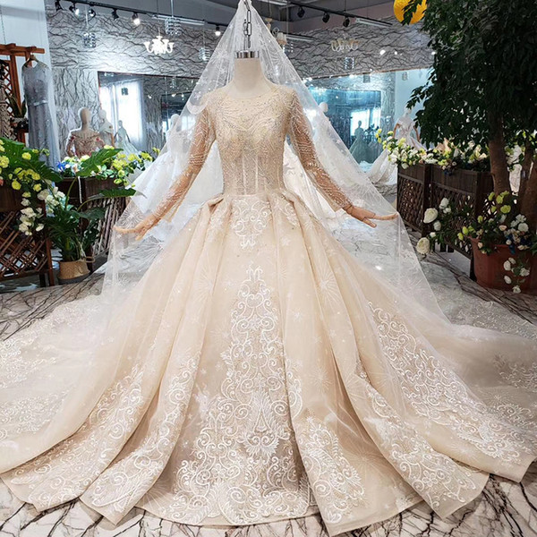 2022Dubai Long Sheer Veil Wedding Dresses Illusion Sleeve Open Keyhole Back Exquisite Applique Lace Up Back Crystal Garden Wedding Gowns