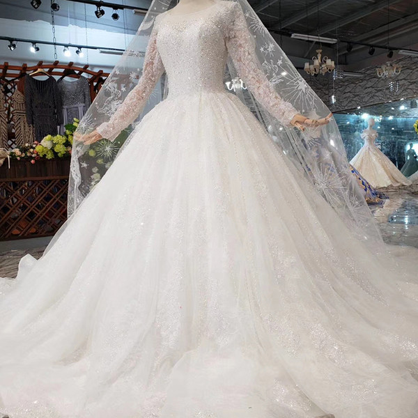 2022Newest Long Sheer Sleeve Wedding Dresses Illusion Neckline Open Keyhole Back Long Applique Veil Shining Crystal Garden Wedding Gowns