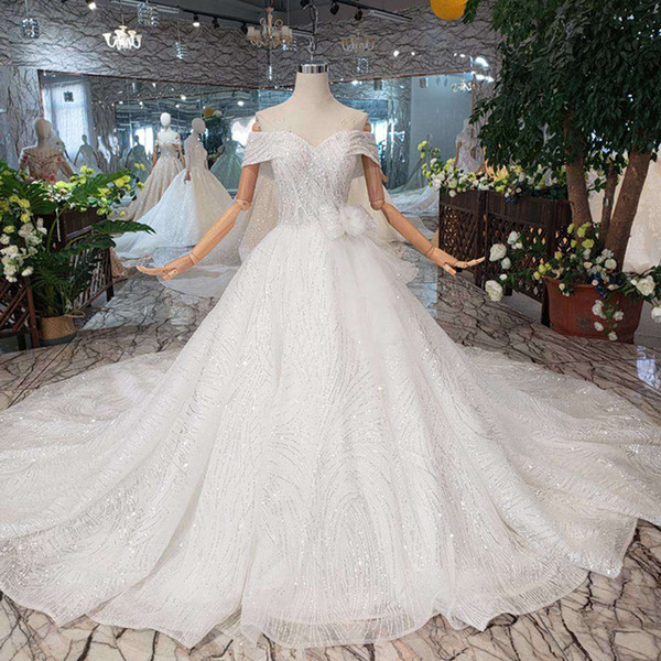 2022Newest Design Lebanon Wedding Dresses Short Sleeve Shining Sequins Wedding Gowns Lace Up Back Big Bow 3D Handmade Flower Bridal Gowns