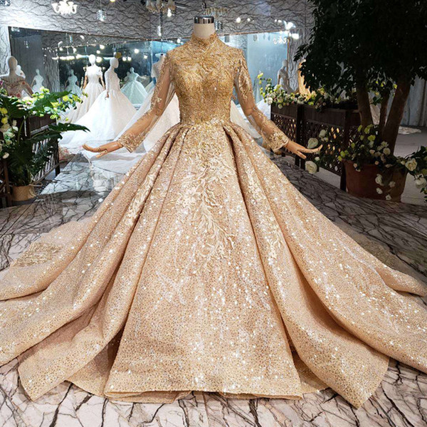 2022Newest Design Dubai Wedding Dresses Long Tulle Sleeve High Neck Shining Crystal Wedding Gowns Exquisite Applique Sequins Bridal Gowns