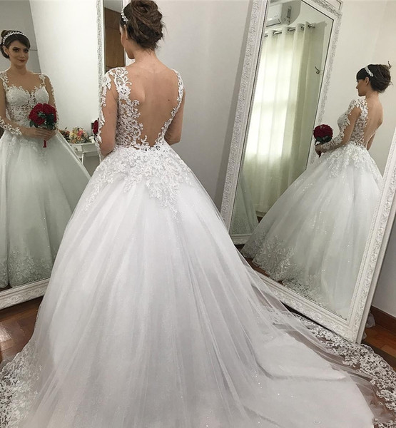 Modern Sheer Neck Lace Ball Gown Wedding Dresses Long Sleeves Illusion Back Court Train Wedding Bridal Gowns Custom Made BA9916