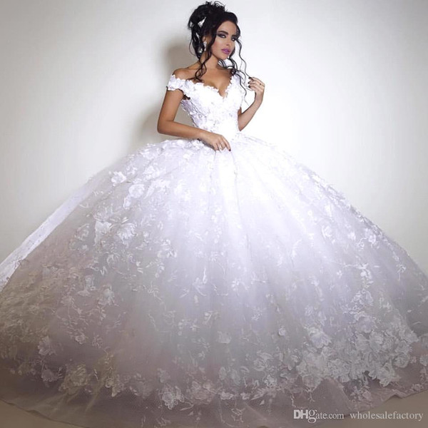 Ball Gown Wedding Dresses Off the Shoulder Floral Lace Appliques Gorgeous Bridal Gowns Arabic Puffy ba3053