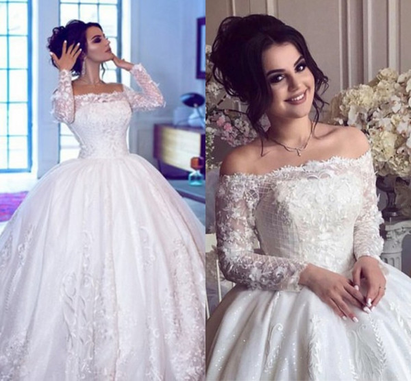 Gorgeous Saudi Arabic Dubai Ball Gown Wedding Dresses Off Shoulder Lace Appliques Puffy Long Formal Bridal Gowns Plus Size