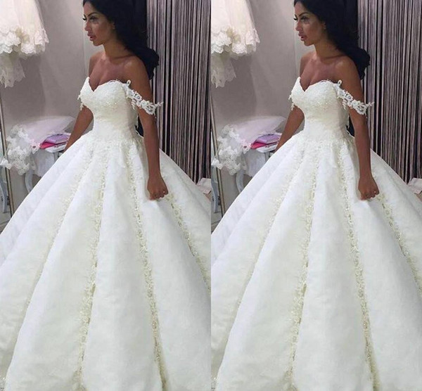 New Arabic White Wedding Dresses Off The Shoulder Sweetheart Ruffle Appliques Lace Floor Length Sequined Bridal Gowns Vestido BA4456