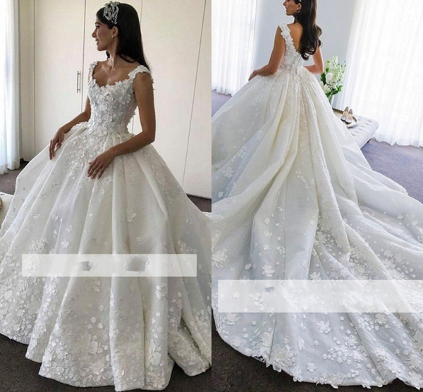 Stunning Arabic Lace Ball Gowns Wedding Dresses Square Neckline Sleeves Appliqued Hand Made Flowers Long Train Bridal Gowns