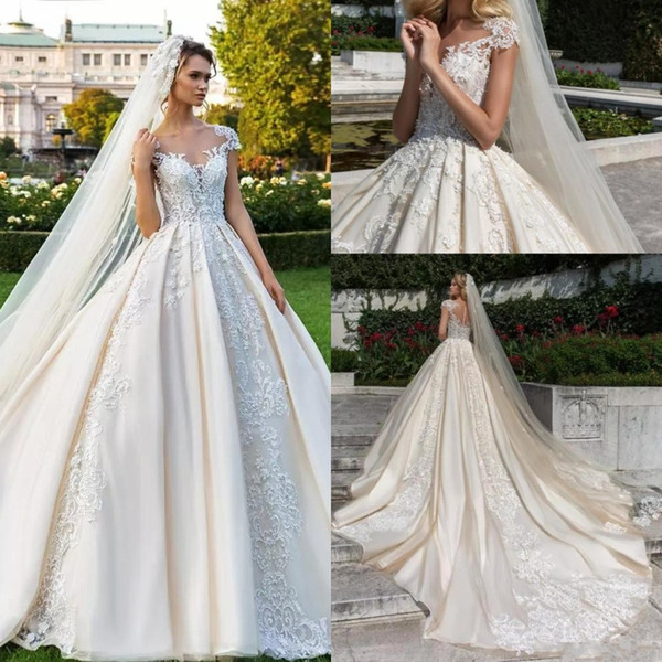 Gorgeous Lace Ball Gown Wedding Dresses Beaded Sheer Bateau Neck Plus Size Appliqued Bridal Gowns Buttons Back 7950