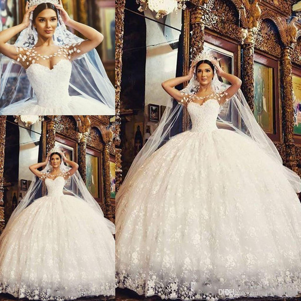 Romantic Full Lace Ball Gown Wedding Dresses Princess Scoop Sheer Neck Floor Length Appliques Arabic Dubai Luxury Bridal Gowns