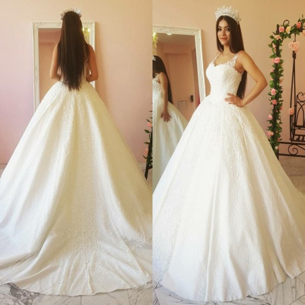 Holy White Ball Gown Wedding Dresses Spaghetti Straps Backless Appliqued Ruched Long Bridal Gowns Arabic Dubai Robe de soriee