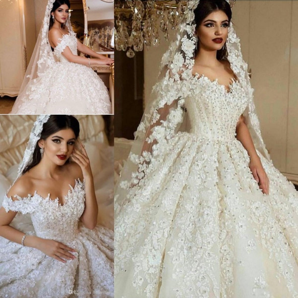 Stunning Luxury 3D Lace Appliques Beads Sequins Wedding Dresses Formal Saudi Arabic Dubai Ball Gown Off Shoulder Vestidos Bridal Gowns