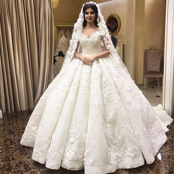 Luxurious Arabic Dubai Ball Gown Wedding Dresses 3D Flora Appliques 2022New Sexy Off Shoulder Beaded Sequins Puffy Bridal Gowns