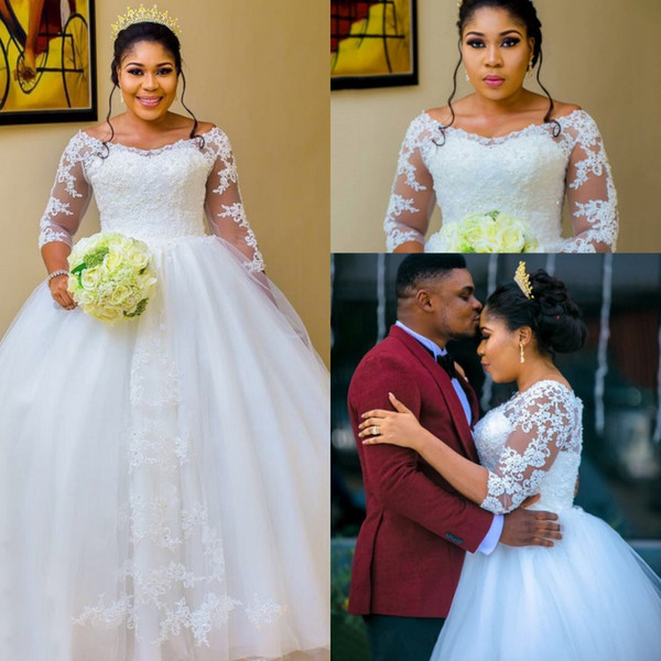 Plus Size Wedding Dresses African Arabic Sheer Long Sleeves Off Shoulder Appliques Puffy Long Modest Bridal Gowns