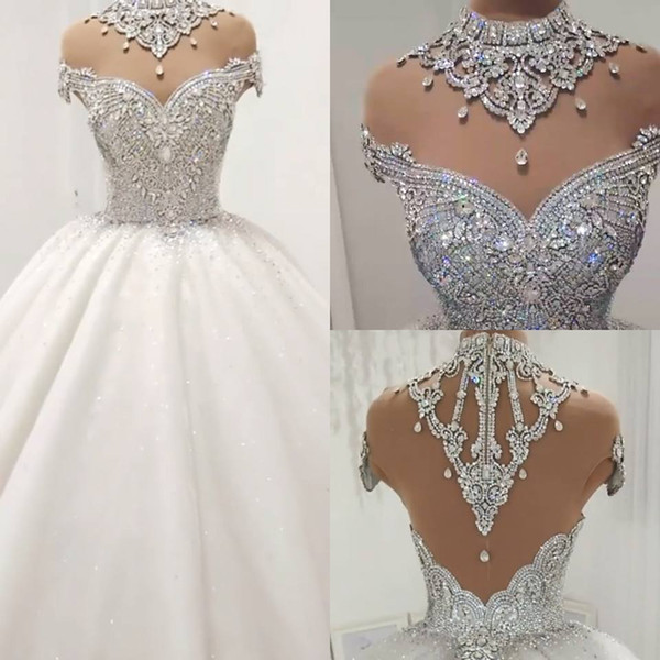 Luxury Crystals Ball Gown Wedding Dresses Shiny High Neck Beaded Cap Sleeves Puffy Long Bridal Gowns Dubai Arabic Style