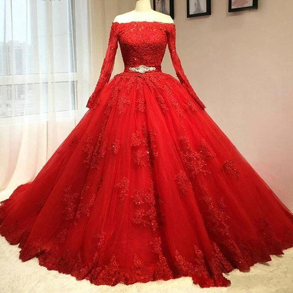 Red Ball Gown Wedding Dresses Vintage Long Sleeves Off Shoulder Bridal Gowns With Appliques Sequins Sweet 16 Dresses BC0807