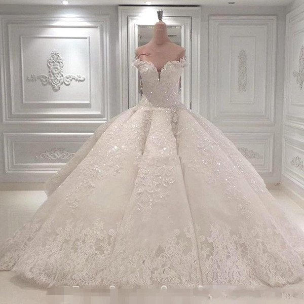 Vestido De Noiva Ball Gown Wedding Dresses Off The Shoulder Cathedral Train Lace Appliques Bridal Gown For Church Custom Made BC0388