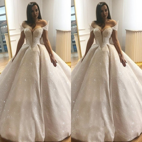 Ball Gown Wedding Dresses Bling Sequins Beaded Off-the-shoulder Bridal Church Wedding Gowns Sexy Backless Saudi Arabic Dubai Formal