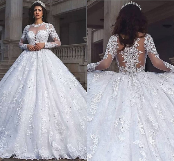 Glamorous Long Sleeves Wedding Dresses Lace Ball Gown Illusion Bodice Appliques Beaded Long Saudi Arabic Bridal Wears Gwons